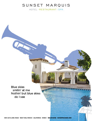 Sunset Marquis pool campaign advertisement featuring a trumpet