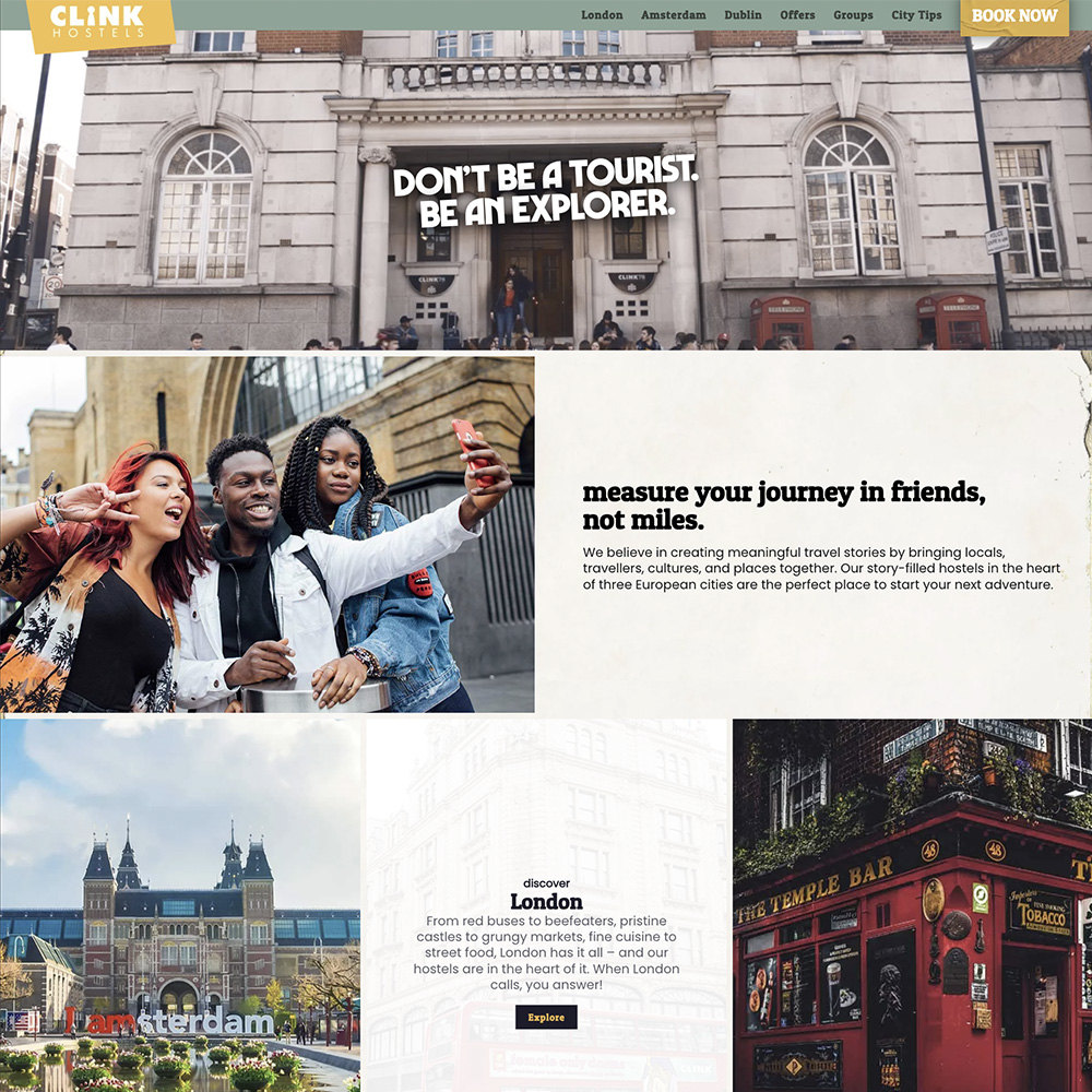 Clink Hostels homepage design