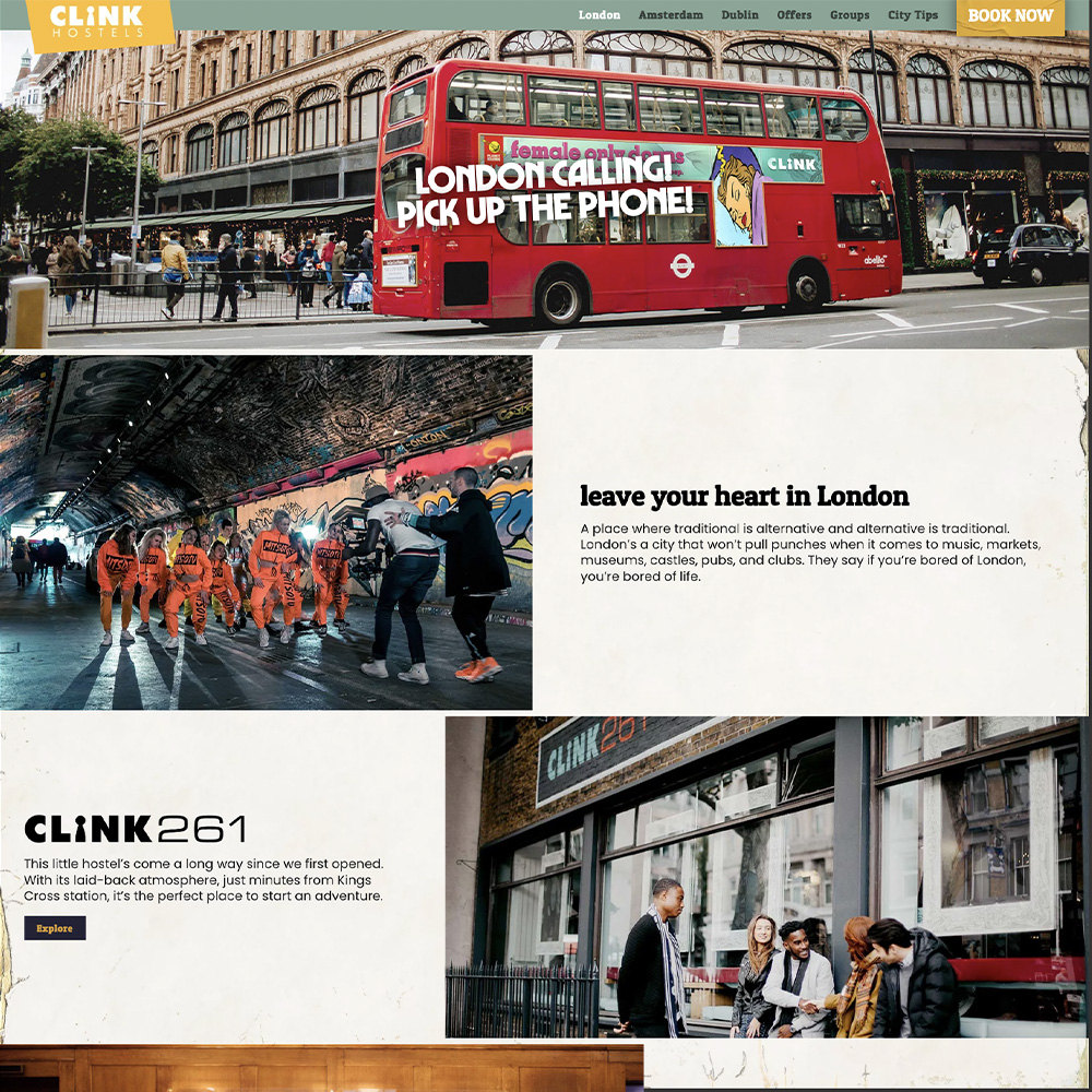 Clink Hostels London page design