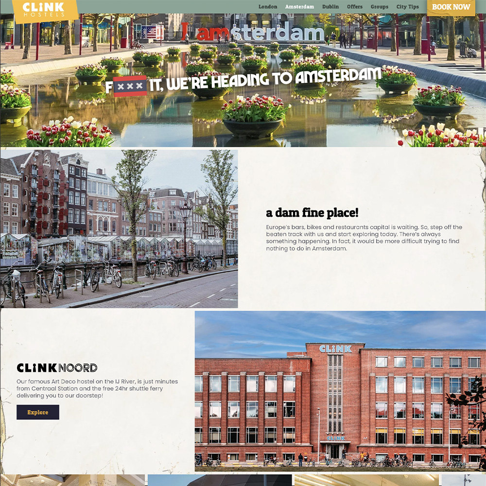 Clink Hostels Amsterdam page design