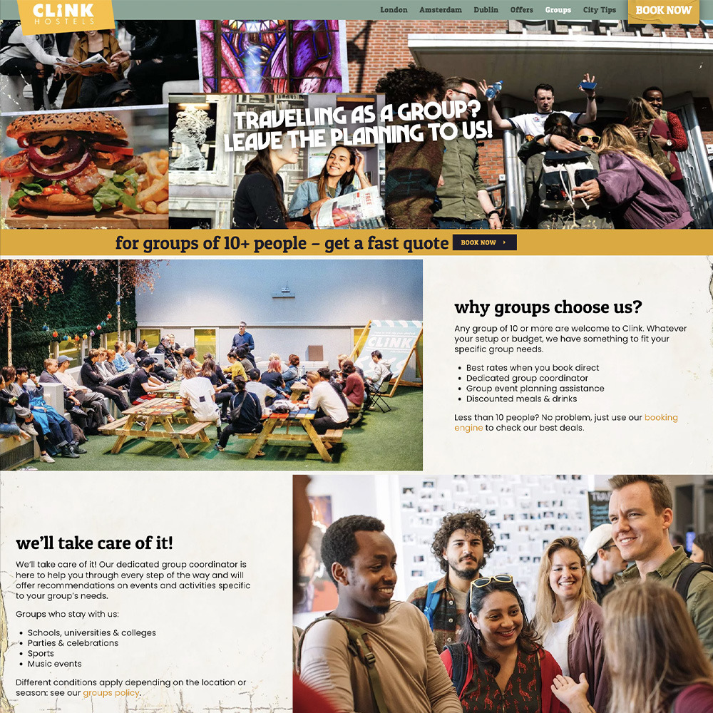 Clink Hostels groups page design