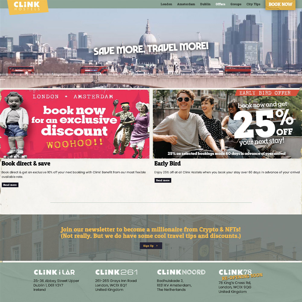 Clink Hostels offers page design