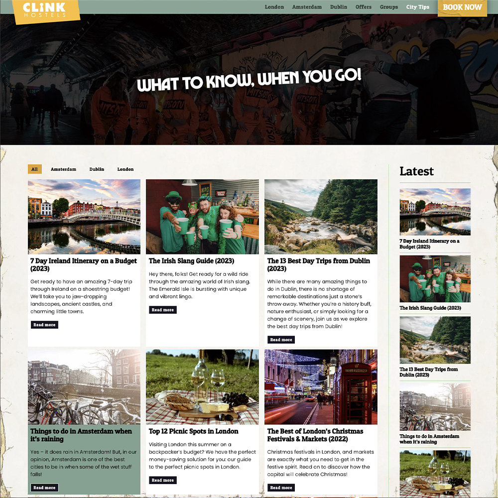 Clink Hostels city tips page design