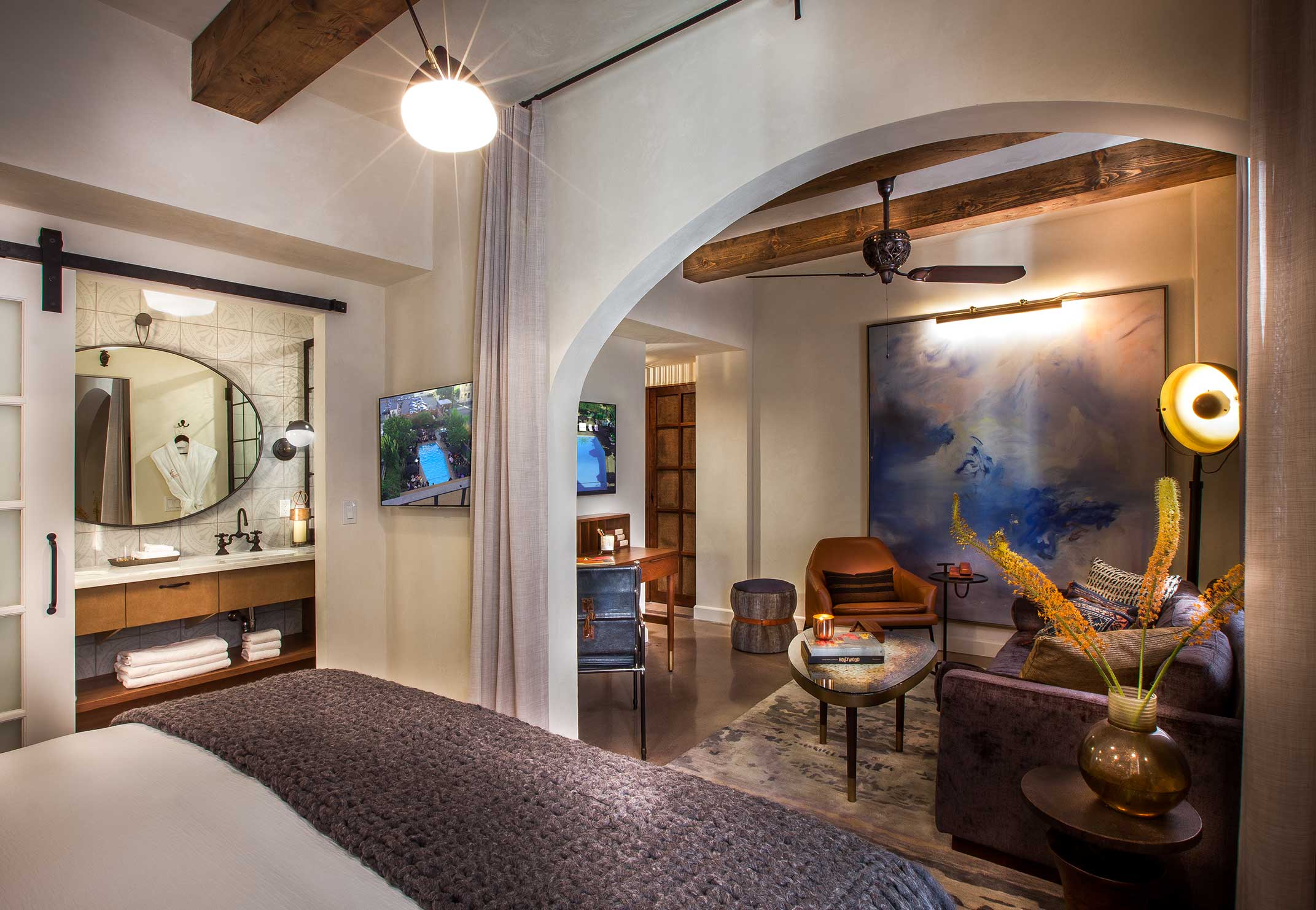 Living area inside a restored Hotel Figueroa suite