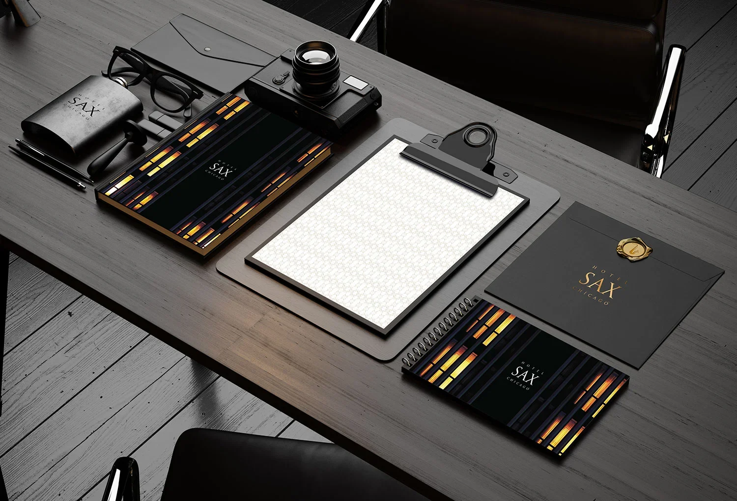 Hotel SAX Chicago desk collateral and branded guest materials