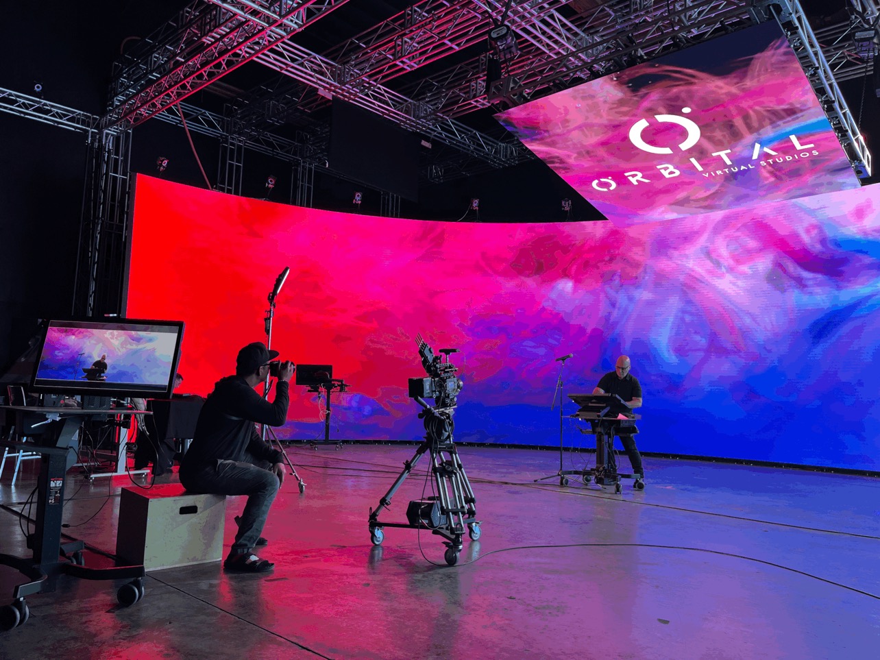 Orbital Virtual Studios production stage with logo screens