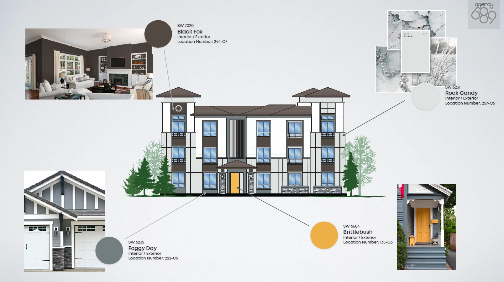 The Overlook exterior color board and identity source material.