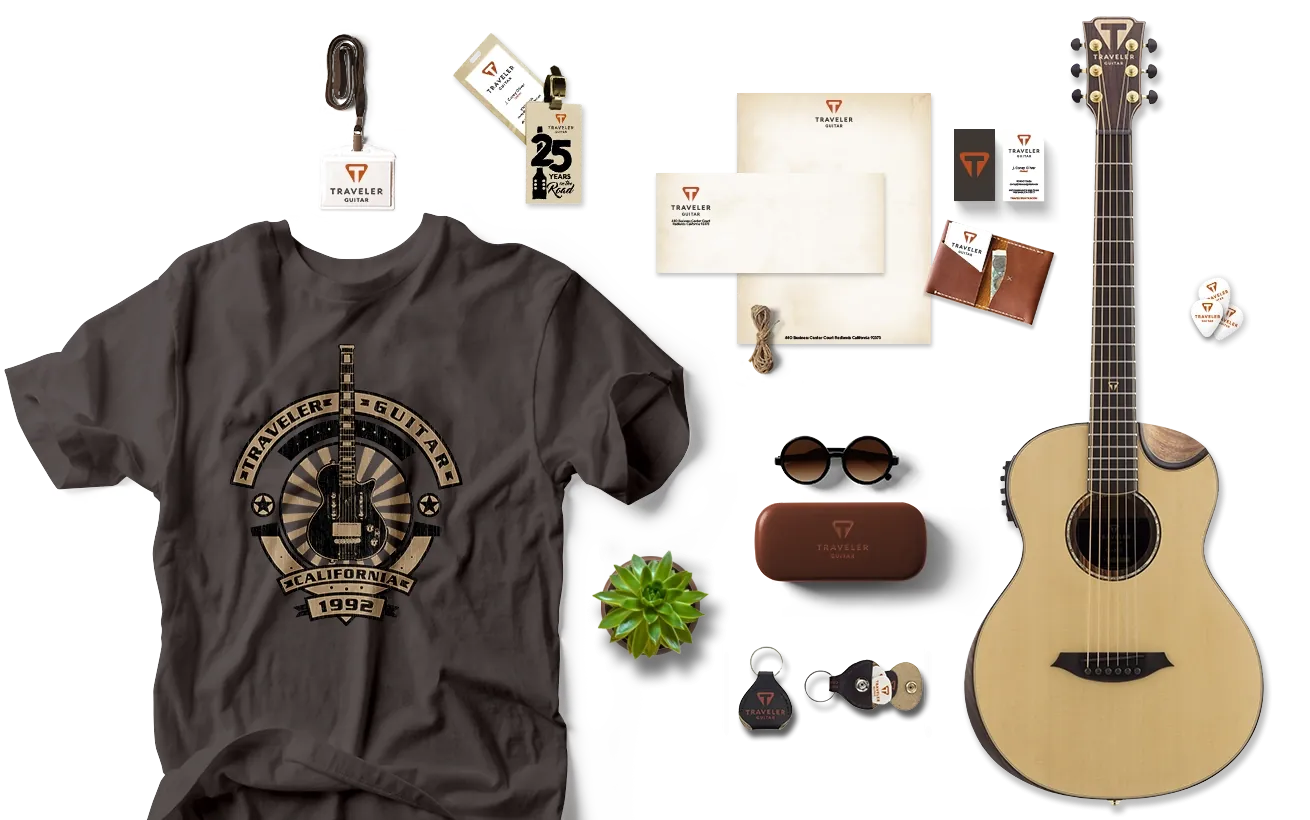 Traveler Guitar brand collateral featuring the logo, typography, and campaign graphics