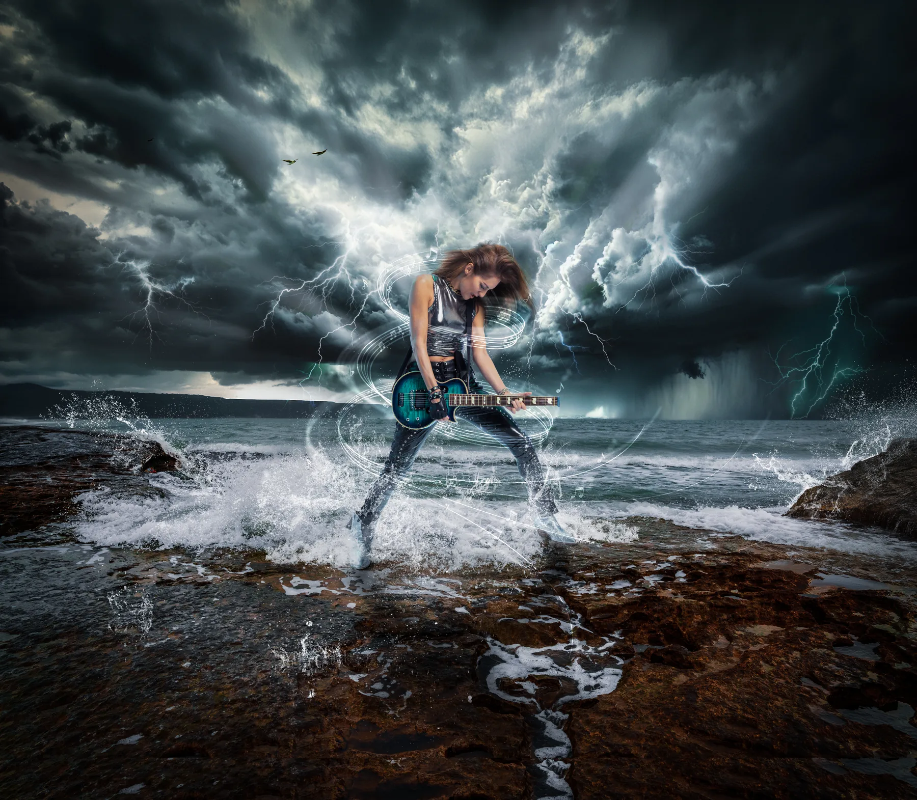 Traveler Guitar campaign artwork showing a musician carrying a compact guitar through storm clouds