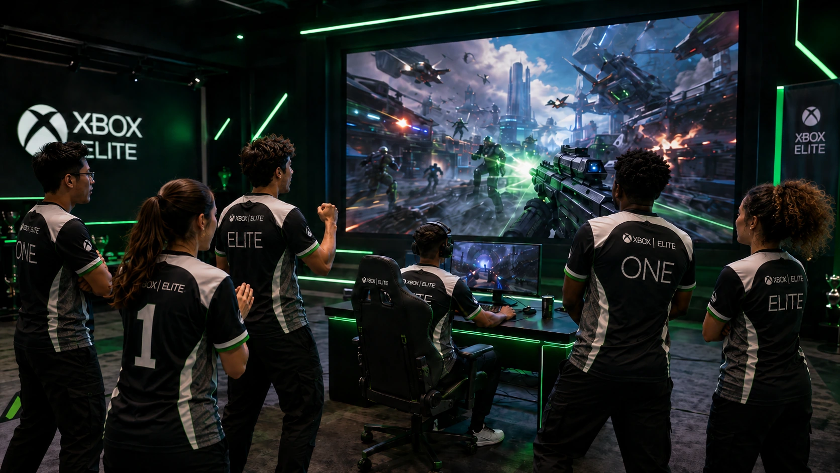 Xbox Elite players wearing team jerseys in a gaming room
